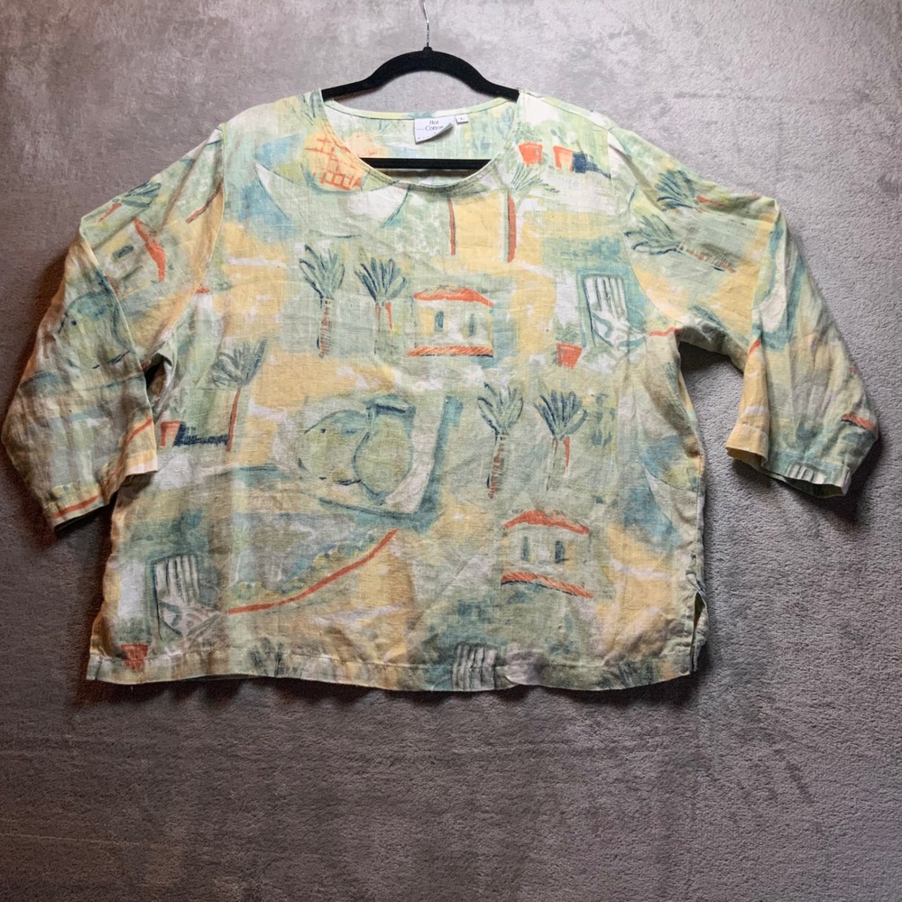 Hot Cotton by Marc Ware Linen Scenic Print Blouse Top Green Yellow L